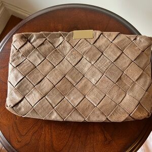 Jimmy Choo Taupe-Gold Sheen Woven Suede Clutch